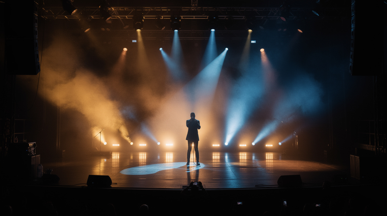 Performer under dramatic stage lighting during a live entertainment show