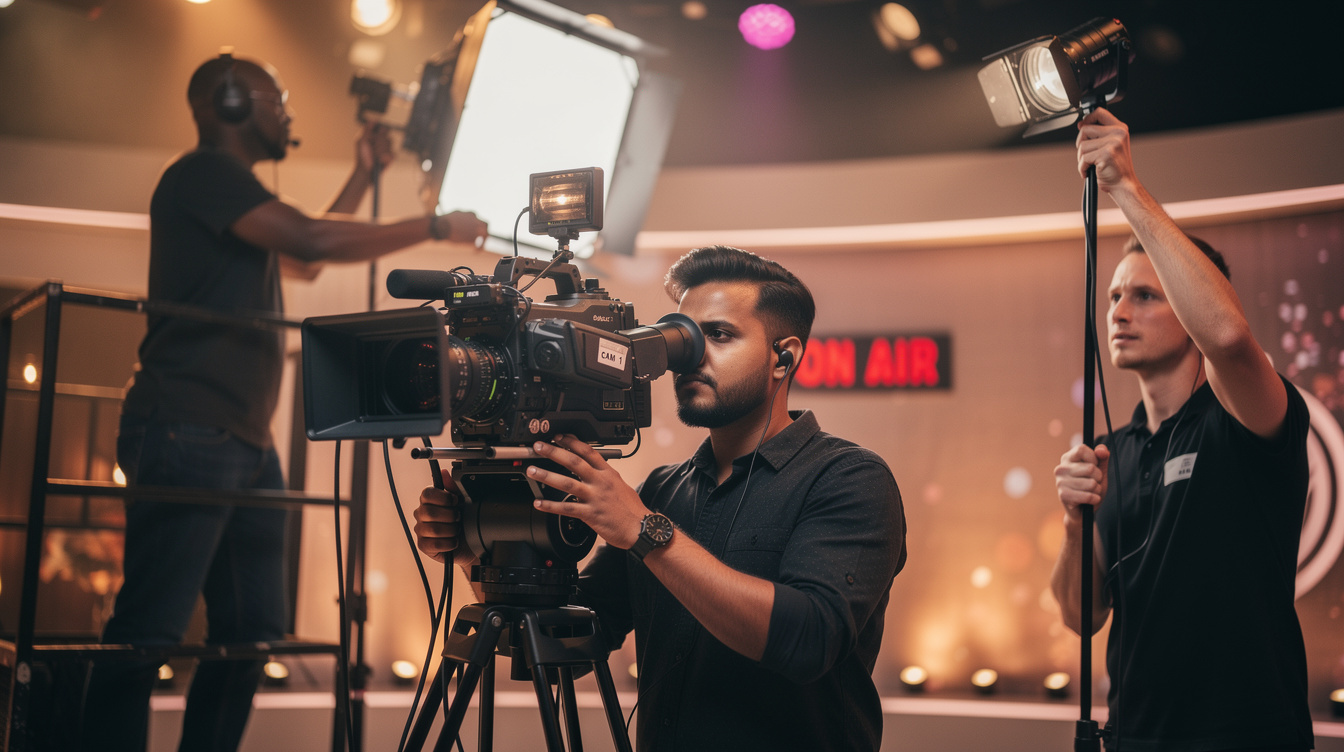 Camera operator and production crew filming a live entertainment show on set