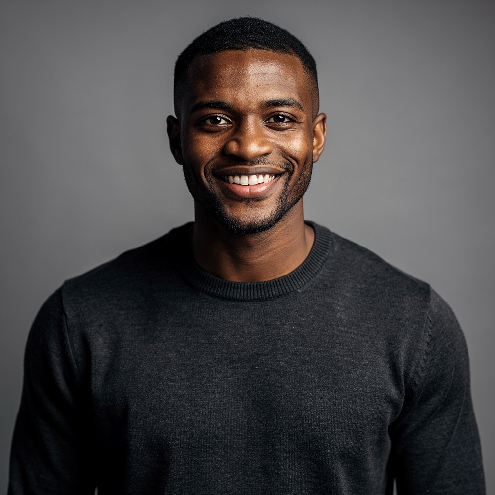 Studio portrait of a black British man, workflow systems lead