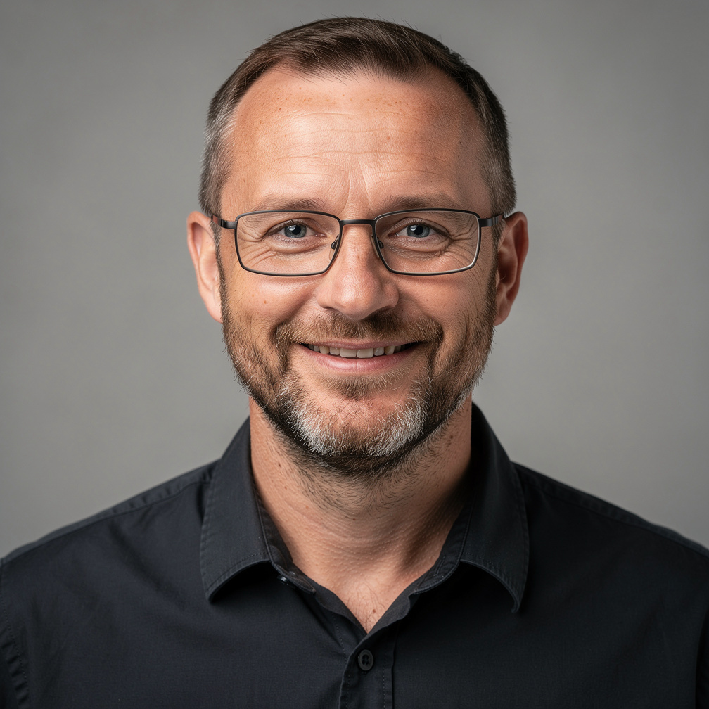 Studio portrait of a white British man with a beard, lighting design lead