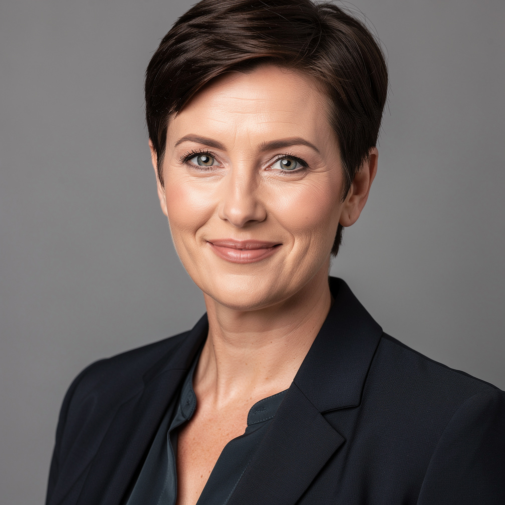 Studio portrait of a white British woman with short dark hair, creative director