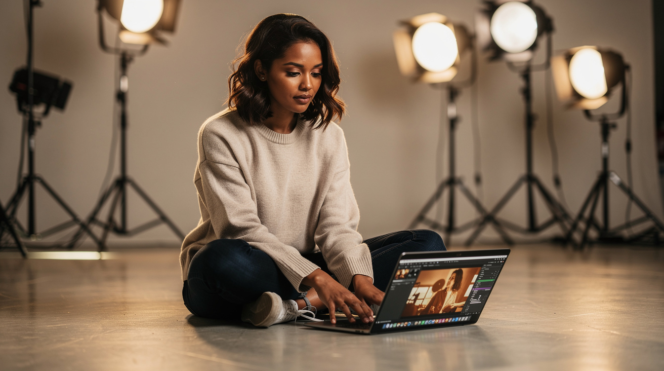 Editor colour grading show footage on a laptop beside lighting equipment