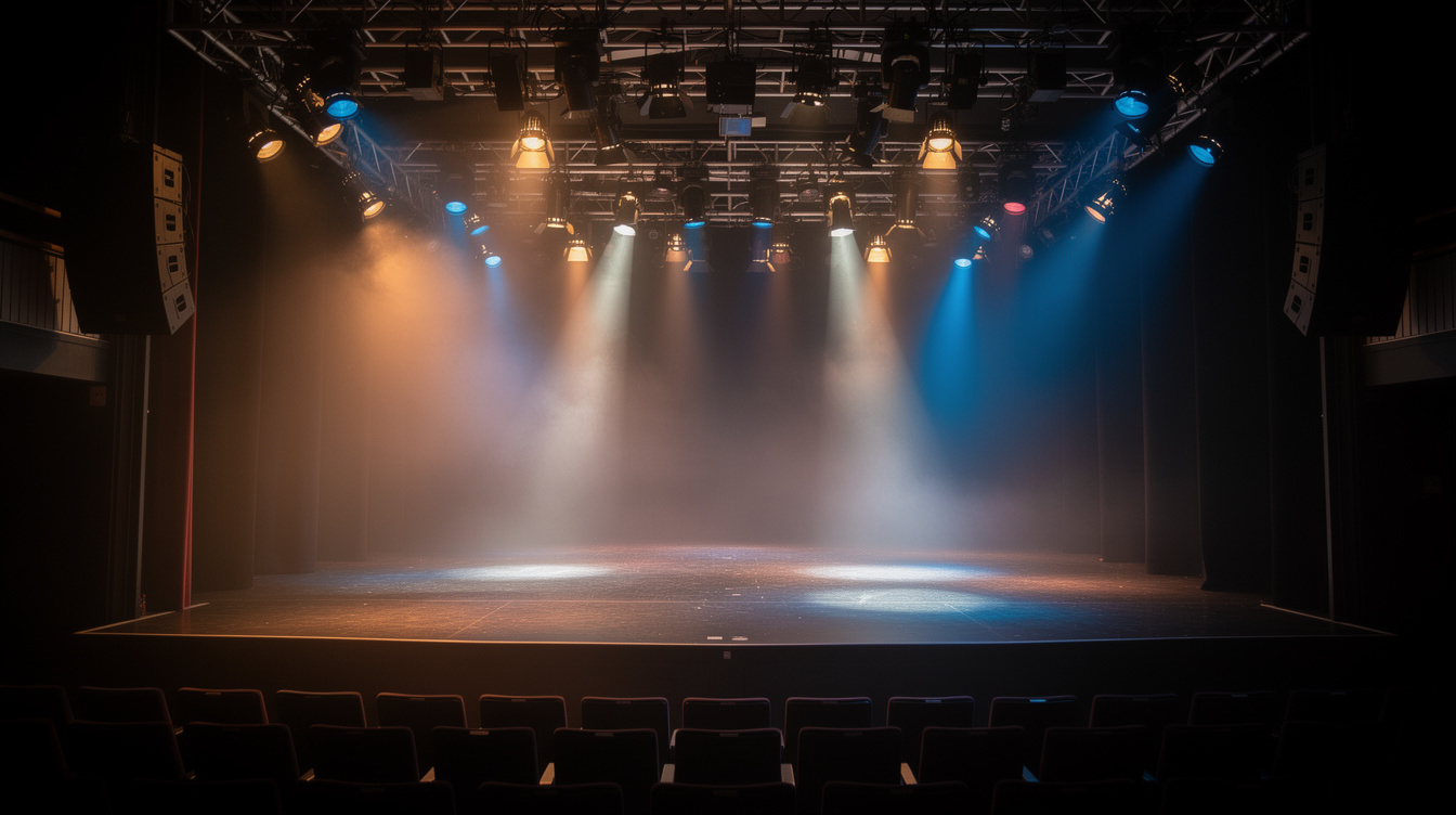 Colourful spotlights rigged above an empty theatre stage before a live show