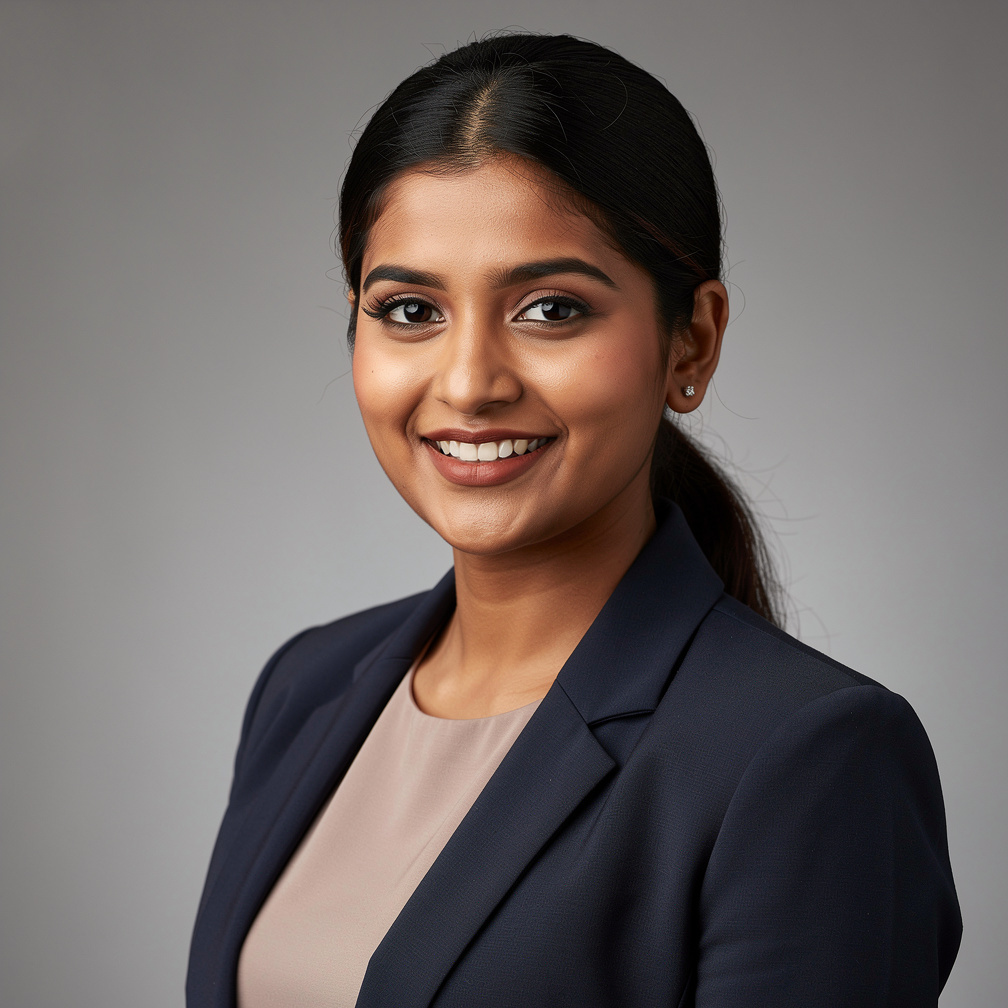 Studio portrait of a South Asian British woman, camera and framing lead