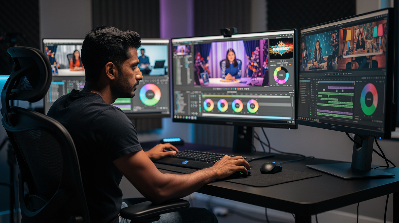 Video editor reviewing show footage across multiple monitors in an edit suite