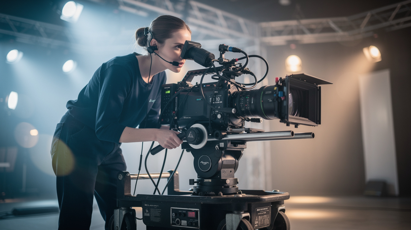 Camera operator framing a shot on a broadcast camera during a live show