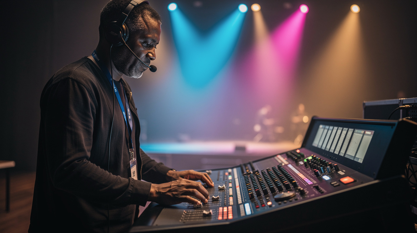 Lighting designer adjusting a stage lighting control board during rehearsal